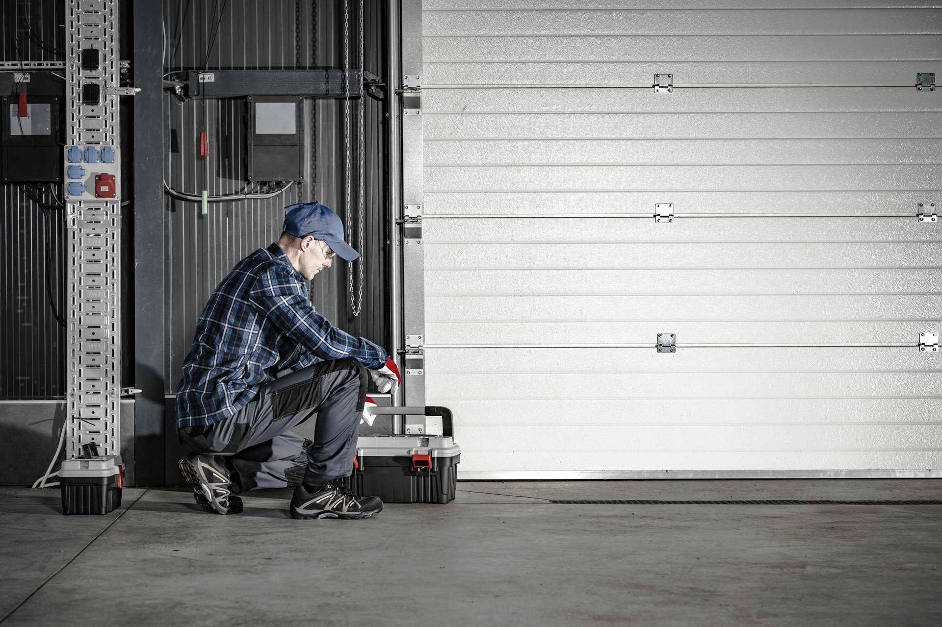 Professional garage door technician servicing a residential garage door in Coquitlam
