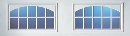 Two white arched windows with blue gradient glass panes arranged in a grid pattern