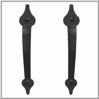 Pair of black wrought iron door pulls with decorative pointed finials on both ends