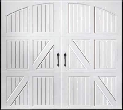 White double garage door with arched top, vertical paneling, and X-brace barn-style design with center opening arrows