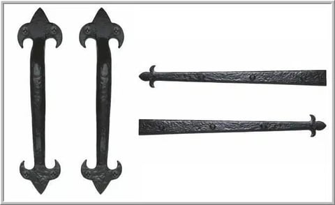 Four ornamental black metal hardware pieces including two vertical hinges and two horizontal bars with decorative ends