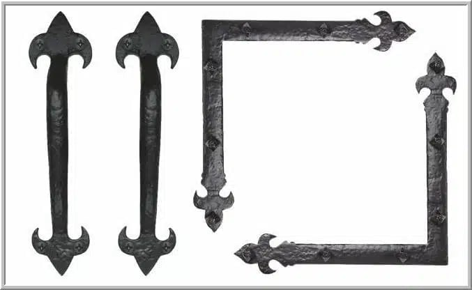 Ornamental black iron decorative hardware pieces including two vertical pulls and corner brackets arranged on white background