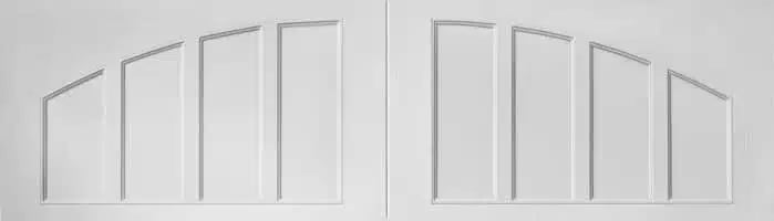 Two white overhead garage doors with arched tops and vertical panel designs