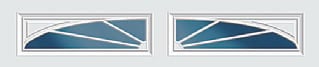 Two matching transom windows with navy blue geometric wave patterns and white frames