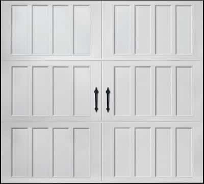 White residential garage door with nine panels and black handle hardware in the center