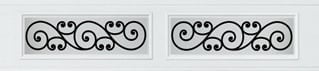 Two decorative black swirl and flourish design elements on a light gray background