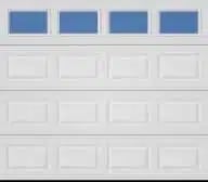 Garage door with blue upper panels and white lower sections