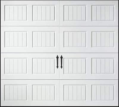 White 16-panel garage door with vertical sections and centered handles on middle panels