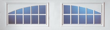 Two modern garage doors with blue glass panels and white frames, featuring arched and rectangular window designs