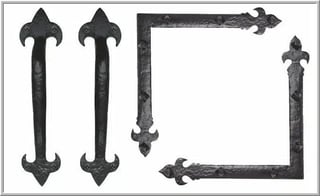 Set of four ornate black metal hinges and corner brackets with fleur-de-lis designs arranged on white background