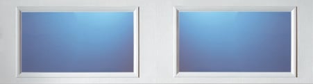 Two rectangular windows with white frames set side by side in a light gray wall, showing blue gradient glass panes