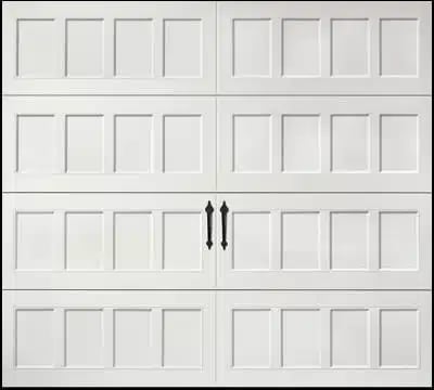Four-section white garage door with raised panels and double arrow icons indicating center opening panels