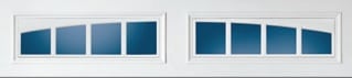 Two white garage doors with multiple blue rectangular panels arranged horizontally