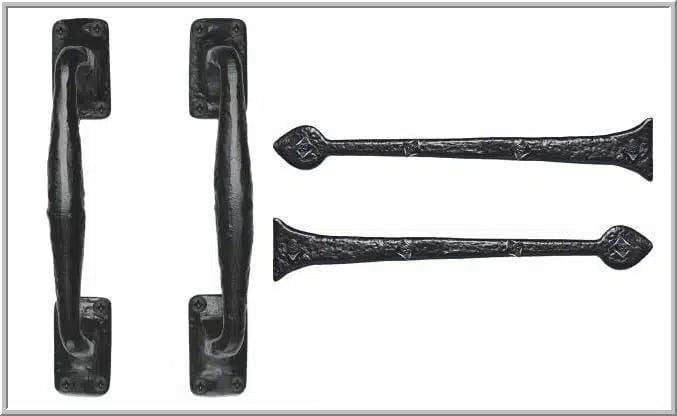 Four black ornamental door hardware pieces: two vertical handles and two horizontal decorative pulls with diamond-shaped ends