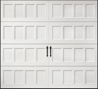 White sectional garage door with four rows of rectangular panels and black arrows on center panels indicating opening direction