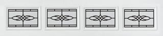Four decorative rectangular tiles with geometric black line patterns and diamond shapes arranged horizontally
