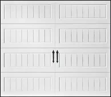 White four-panel garage door with vertical detailing and black handles in the center
