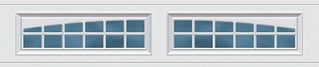 Two white garage door panels with blue glass panes arranged in horizontal rows