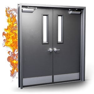 Dark gray double doors with horizontal window panes and fire flames on the left side, illustrating fire-rated doors