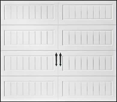 White garage door with four panels and black handles in the center
