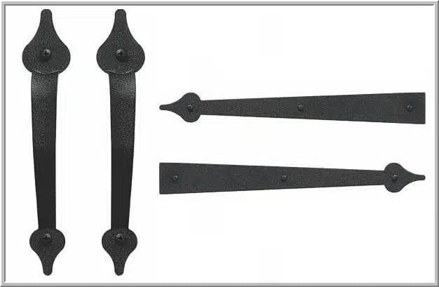 Four decorative black metal hinges with pointed ends displayed against a white background