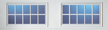 Two white-framed windows with blue glass panes, showing different reflections and lighting conditions