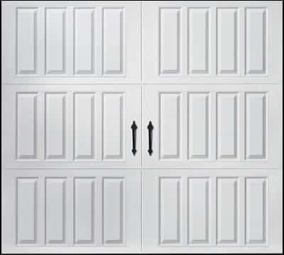 White two-car garage door with eight panels on each side and black handle hardware in the center