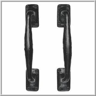 Pair of black metal door handles with curved grip and rectangular mounting plates against white background