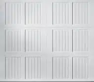 White garage door with six panels featuring vertical lines and raised sections