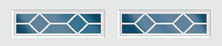 Two rectangular window panels with geometric diamond and hexagon pattern in blue and white