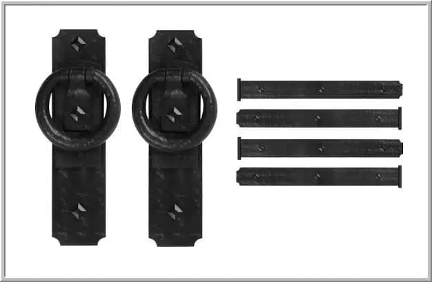 Two black metal gate latches with ring handles and four metal mounting straps displayed on white background