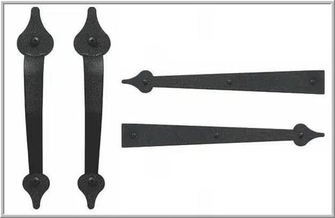 Black wrought iron decorative hardware pieces including two vertical hinges and two horizontal straps with spade-shaped ends