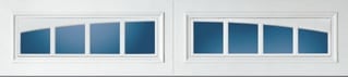 Two white garage doors with blue glass panel windows arranged horizontally