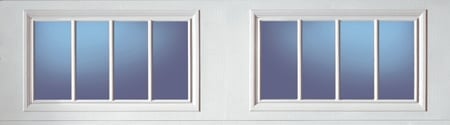Two horizontal windows with white frames and four glass panes each, displaying blue gradient reflections