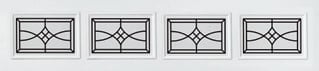 Four rectangular window designs with geometric diamond and cross patterns in the center panes