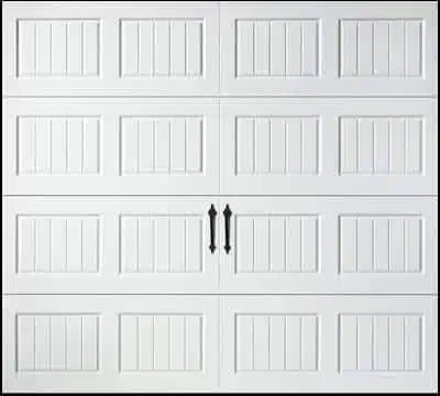 White garage door with 16 rectangular panels arranged in 4 rows of 4, with black handles on center panels