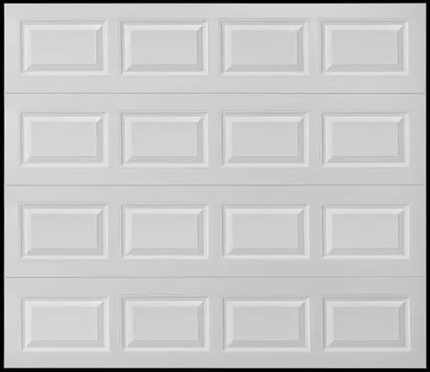 White garage door with 16 rectangular panels arranged in 4 rows of 4