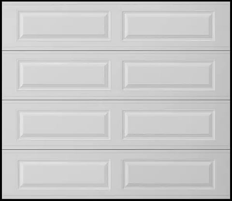 White garage door with eight horizontal rectangular panels arranged in four rows of two