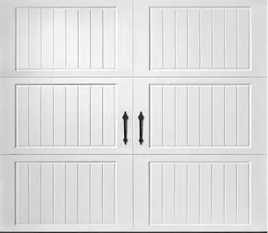 White garage door with six vertical panel sections and black handles on center panels